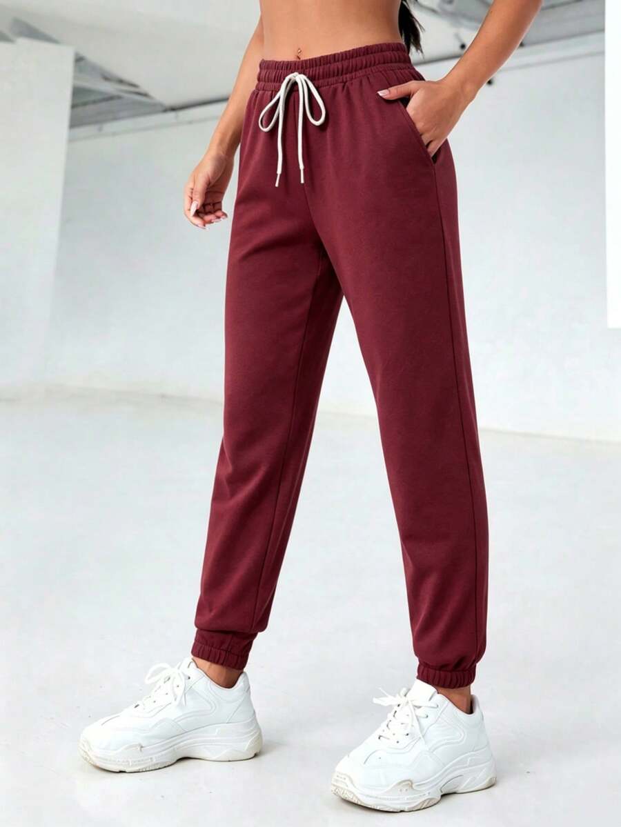 Straight-Leg Trousers With Elastic Waistband And Drawstring, Pleated, Solid Color, For Everyday Casual Wear, Spring/Summer - Burgundy - View 1