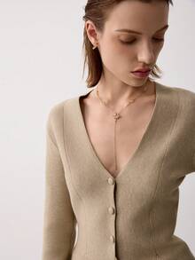 V-Neck Long Sleeve Knit Cardigan With Skirt Hem - Light Khaki - View 6