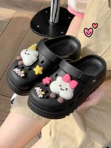 ASOFTER Summer New Cute Casual Style Women's Khaki Clogs, Cartoon Rabbit Decor Closed-Toe Thick Sole Sandals, Suitable For Cherry Blossom Season, Graduation Season, Valentine's Day - Black - View 2