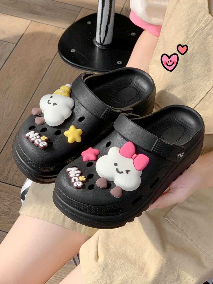 ASOFTER Summer New Cute Casual Style Women's Khaki Clogs, Cartoon Rabbit Decor Closed-Toe Thick Sole Sandals, Suitable For Cherry Blossom Season, Graduation Season, Valentine's Day