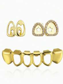 1 Set Fashion Women's Hip-Hop Style Rhinestone Hollow Heart & Teeth Decor, Carnival Party Accessories, Unisex Gift, Including Wearing Auxiliary Dental Wax - Gold - View 3