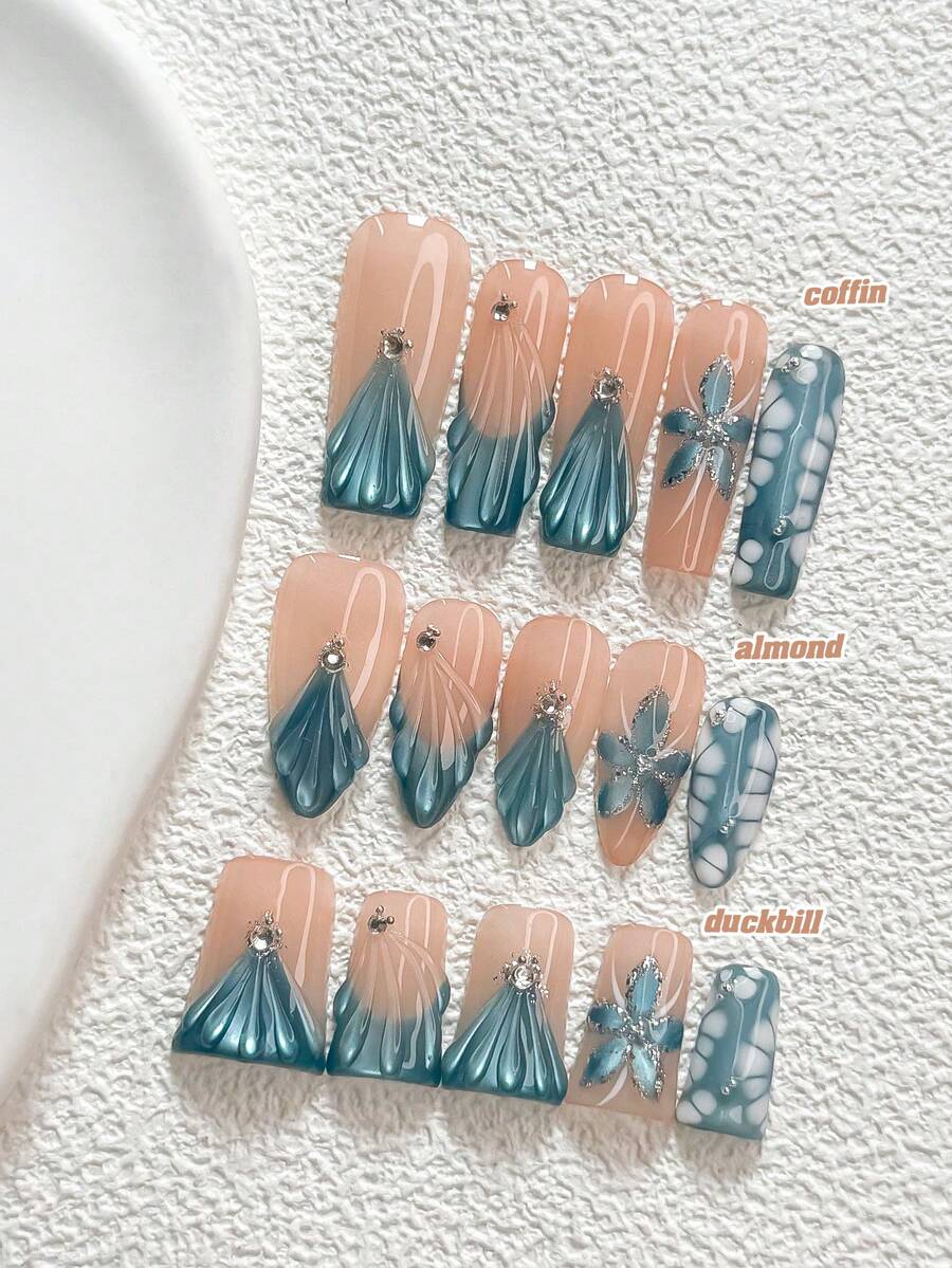 10片夏季風格手工穿戴甲 Polygel 凝膠美甲套組,手繪花卉與水波紋設計,藍白配色,休閒風,附美甲工具,3種尺寸可選,杏仁形、鴨嘴形、棺材形,適合派對、舞蹈、日常配戴 - 彩色 - 查看 1