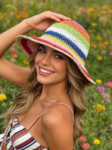 1pc Rainbow Braided Colorful Vibrant Summer Bucket Hat, Windproof, UV Protection, 3D Design, Foldable, Fashionable Versatile, Elegant, Soft Comfortable, Breathable, Multi-Functional, Face-Shaping, Suitable For Beach, Outdoor, Travel, Hiking, Cycling, Dating And More Occasions, Holidays, Festivals - Multicolor - View 3