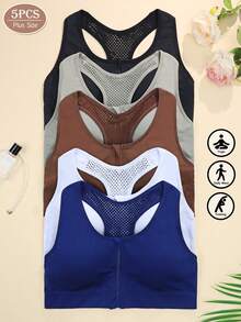 5pcs/Set Plus Size Women's Wireless Bra, Front Zipper Removable Padding Sports Bra - Multicolor - View 1