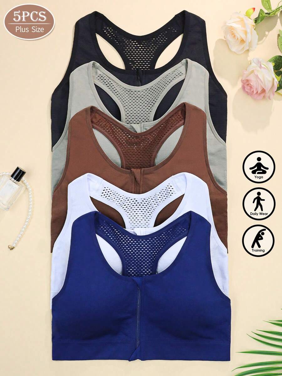 5pcs/Set Plus Size Women's Wireless Bra, Front Zipper Removable Padding Sports Bra - Multicolor - View 1