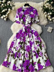 Elegant Women's Floral Print Dress With Short Sleeves, Lapel Collar, And Fitted Waist - Romantic Rose Design, Perfect For Spring Outings, Garden Parties, And Casual Events | Garden Party Dress | Floral Print Dress | Stylish Dress - 鵝黃色 - 查看 11