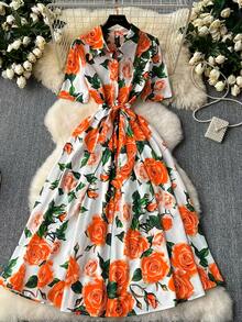Elegant Women's Floral Print Dress With Short Sleeves, Lapel Collar, And Fitted Waist - Romantic Rose Design, Perfect For Spring Outings, Garden Parties, And Casual Events | Garden Party Dress | Floral Print Dress | Stylish Dress - 象牙白色 - 查看 1