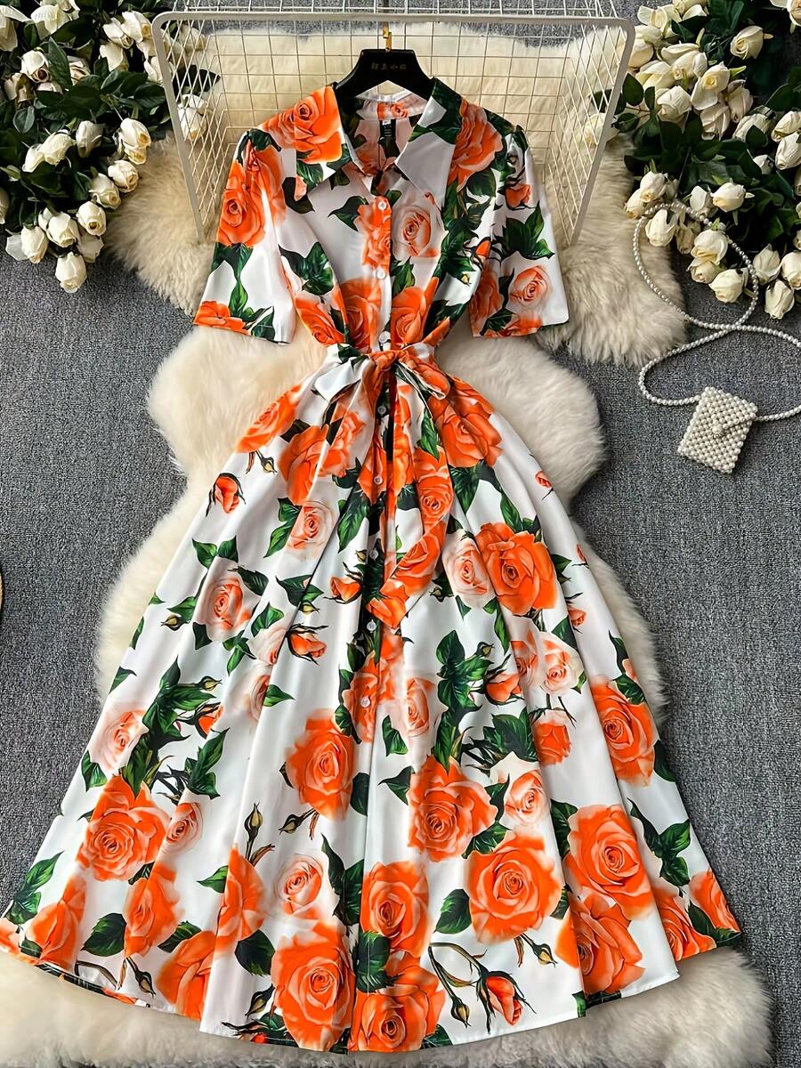 Elegant Women's Floral Print Dress With Short Sleeves, Lapel Collar, And Fitted Waist - Romantic Rose Design, Perfect For Spring Outings, Garden Parties, And Casual Events | Garden Party Dress | Floral Print Dress | Stylish Dress - 象牙白色 - 查看 1