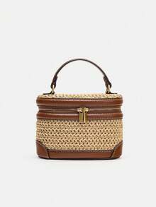 Simple And High-End Retro Spliced Straw Woven Box Bag, Multi Back Method Fashionable And Practical Texture Personalized Shoulder Handbag, Detachable Shoulder Strap Design, Suitable For Beach Vacation And Daily Travel - Brown - View 5