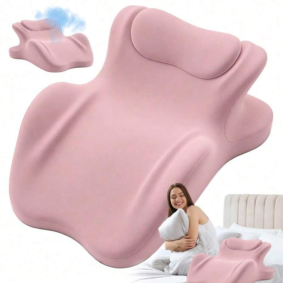 Dieses Liege-/Schlafkissen wird mit einem kleinen Kissen und einem Seitenschläferkissen geliefert. Dank seiner ergonomischen 3D-Form lässt es sich leicht abwischen. Es bietet zudem orthopädische Unterstützung und ist vielseitig einsetzbar: auf Sofas, Betten, Böden, auf Reisen, im Büro und natürlich zum Schlafen. - Pink - Übersicht 1