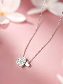 1pc S925 Sterling Silver Double Heart Pendant Necklace, Inlaid With Sparkling Synthetic Zirconia, Sweet And Cute Heart Design, Perfect For Birthday, Back To School, Valentine's Day Gift And Spring/Summer Collection - Love - View 10