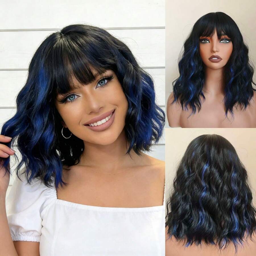 14" Brown Ombre Short Curly Bob Wig With Bangs For Women - Matte Heat-Resistant Fiber | Breathable Rose Net | Women Christmas Holiday Daily Wear - 挑染藍色 - 查看 1