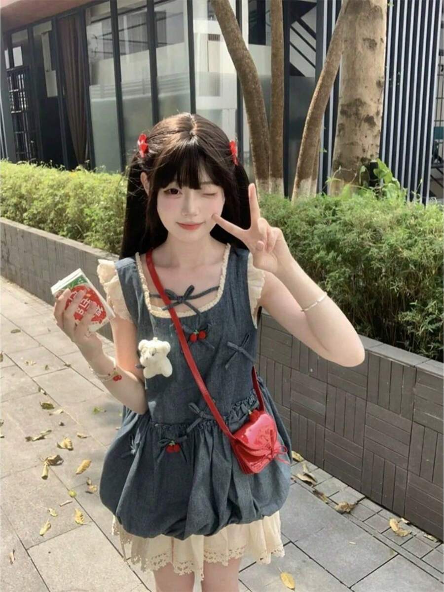 Women Suit Sets - Denim Top + Lace Skirt Two-piece Set - View 1