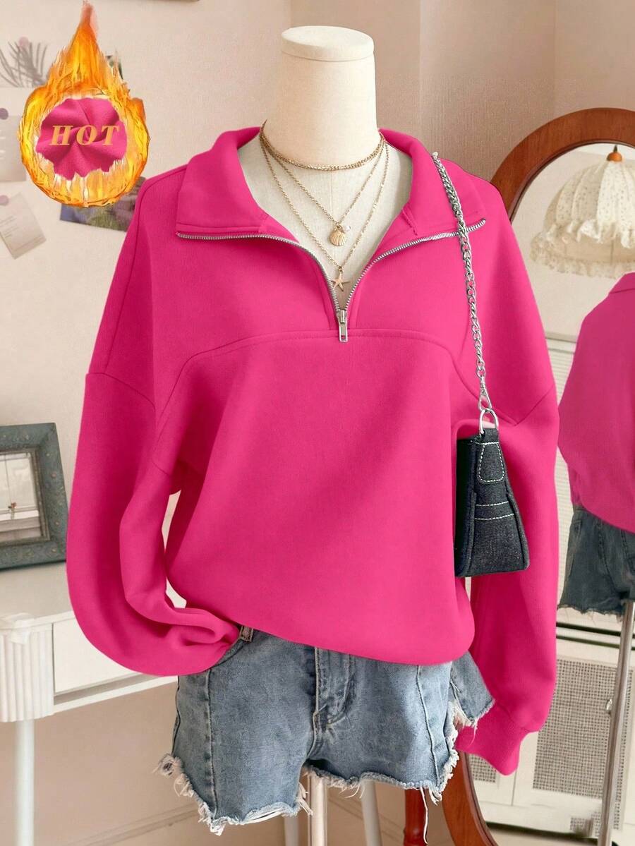 Sudadera holgada con cremallera para mujer - Rosa Fucsia - Ver 1