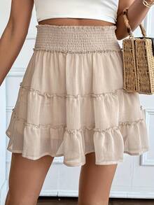 Women's Bohemian High Waist Mini Skirt With Ruffles And Shorts - Lightweight, 100% Polyester, Machine Washable, Solid Color For Casual And Formal Outfits - 卡其色 - 查看 5