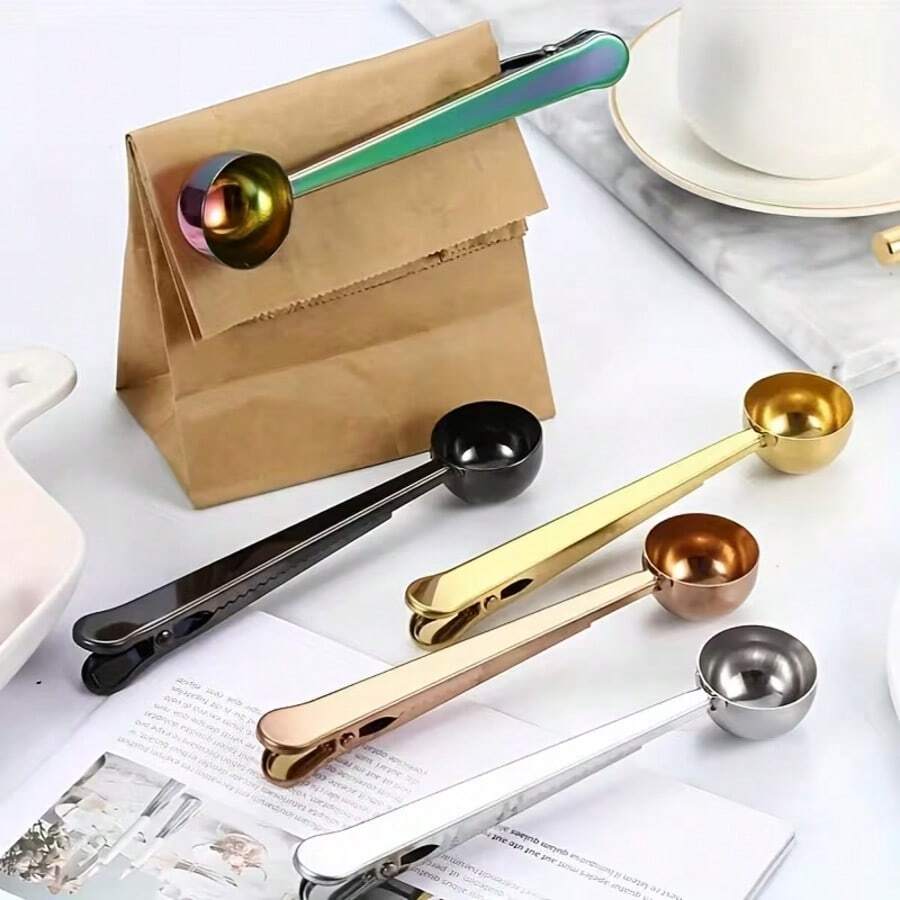 Cuchara de café 2 en 1 de acero inoxidable con clip de sellado, accesorio de cuchara de cocina para hornear, cuchara medidora con clip para bolsa, herramienta de cocina para el hogar - Negro - Ver 1