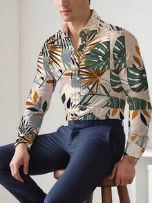 Standard Size Men's Long Sleeve Printed Shirt With Tropical Plant Pattern Collage, Fashion Casual Button- Collar Shirt, Men's Long Sleeve Shirt, Digital Print Versatile Regular Fit Dress Shirt, Comfortable Work Clothes For Men - 彩色 - 查看 1