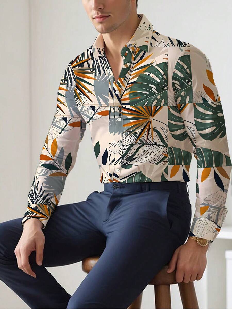 Standard Size Men's Long Sleeve Printed Shirt With Tropical Plant Pattern Collage, Fashion Casual Button- Collar Shirt, Men's Long Sleeve Shirt, Digital Print Versatile Regular Fit Dress Shirt, Comfortable Work Clothes For Men - 彩色 - 查看 1
