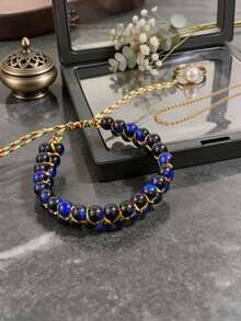 Pulsera de Cuerda Trenzada Estilo Mano con Piedra Natural Ojo de Tigre Azul, Pulsera de Cuerda de Cinco Colores de la Suerte, Piedra del Valor, Pulsera Unisex, Empaque en Caja de Regalo, Apta para Regalar o Uso Personal - Multicolor - Ver 7