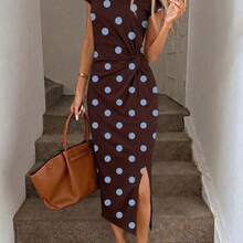 Nana's Women's Clothing Store  Vestido midi elegante sin mangas con abertura alta y cintura fruncida con estampado de lunares en marrón y azul, vestido de punto de textura casual y ajustado para mujer, conjunto de fitness para mujer, vestido de invitada de boda para mujer, ropa de oficina para mujer - Multicolor - Ver 5