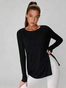 Camiseta holgada de manga larga para mujer, cómoda y versátil|   Camiseta transpirable de cuello redondo, adecuada para yoga, correr, gimnasio y entrenamiento. - Negro - Ver 3
