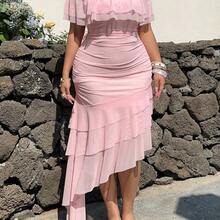 xuehuamaoyi02  Vestido de fiesta, boda, vacaciones, talla grande con hombros descubiertos, volantes en el bajo, asimétrico, de malla fluida, vintage, lindo, color rosa - Amarillo - Ver 7