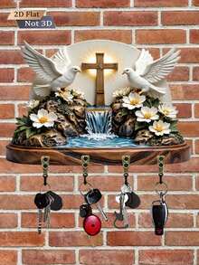 1pc Cross, Dove, And Lily Shaped Key Hook, Wall-Mounted Storage Rack, Wooden Multi-Functional Home Key Holder, 2D Flat Design, With 4 Metal Hooks, Wall Decor, Entryway Decor, Room Decor, Villa Decor, All-Season Home Decor - B - View 4