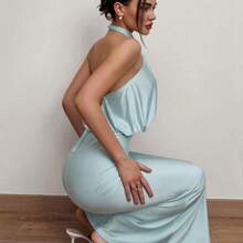 LunaCass8  Vestido elegante y digno de invitada de boda con elástico, vestido largo fruncido de cuello halter con tela brillante - Rosa Pálido - Ver 6