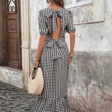 Vestido midi con espalda abierta, lazo en la cintura y mangas abultadas con estampado de cuadros retro francés para mujer - Perfecto para vacaciones y oficina - Blanco y Negro - Ver 1