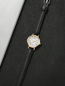 女款細皮革錶帶極簡時尚小錶盤優雅石英手錶 (1件/套) 不含錶盒 - 黑色 - 查看 4