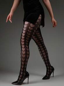 1pc Curve Tights Women's Stretchy Fitted French Vintage Vertical Heart Jacquard Pantyhose, Spring/Summer Thin Sexy Hollow Fishnet Tights, Slimming Leggings, Fashion Versatile Y2K For Halloween And Christmas Outfits - Black - View 2