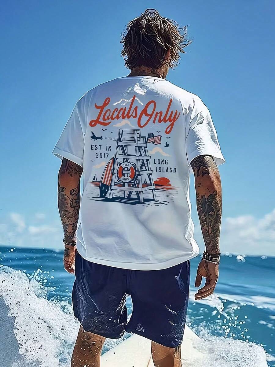 Minimalist. 100% Cotton. Men's Short-Sleeved T-Shirt, American Style, Brand, 1 Piece, Summer Fashion, Loose And , Fresh And Elegant, Korean Version, Casual And Versatile, Crew Neck, Pure Cotton, Printed Pattern, Half-Sleeved Top. Spring Summer Top. - White - View 1