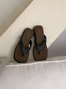 XIXITIAO Color Block Polka Dot Square Toe Slippers, Women Summer Wedge Heel Beach Slides, Casual Outdoor Sandals For Vacation & Travel - Black - View 7