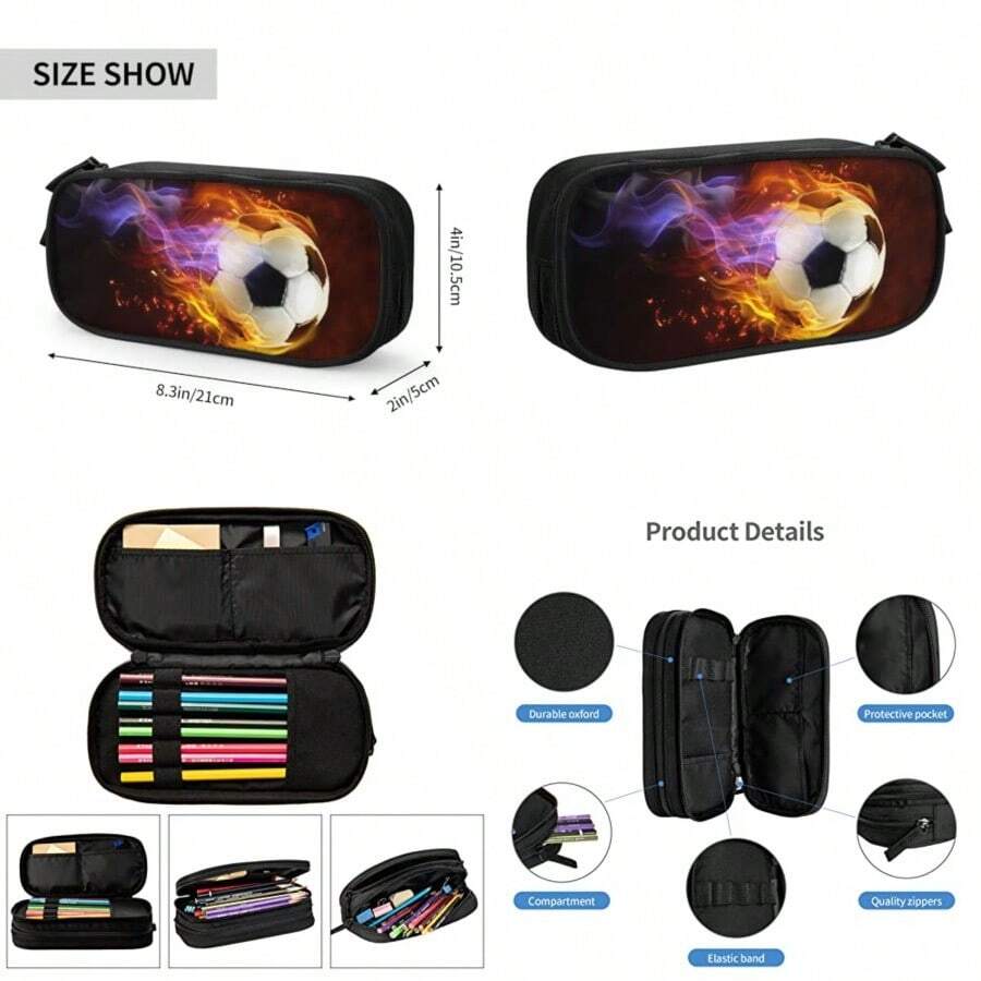 Estuche para lápices de gran capacidad para niños y niños con cremalleras estuche deportivo negro papel de impreso para oficina y escuela - Ftbol con fuego - Ver 1