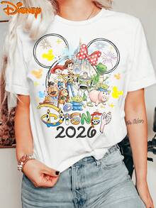 Disney Toy Story 2026 Castle Graphic Tee, Women's Cotton Blend Short Sleeve Crew Neck T-Shirt, Cute Character Loose Fit Summer Top For Daily Wear - 白色 - 查看 1