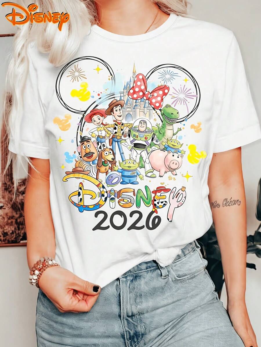 Disney Toy Story 2026 Castle Graphic Tee, Women's Cotton Blend Short Sleeve Crew Neck T-Shirt, Cute Character Loose Fit Summer Top For Daily Wear - 白色 - 查看 1