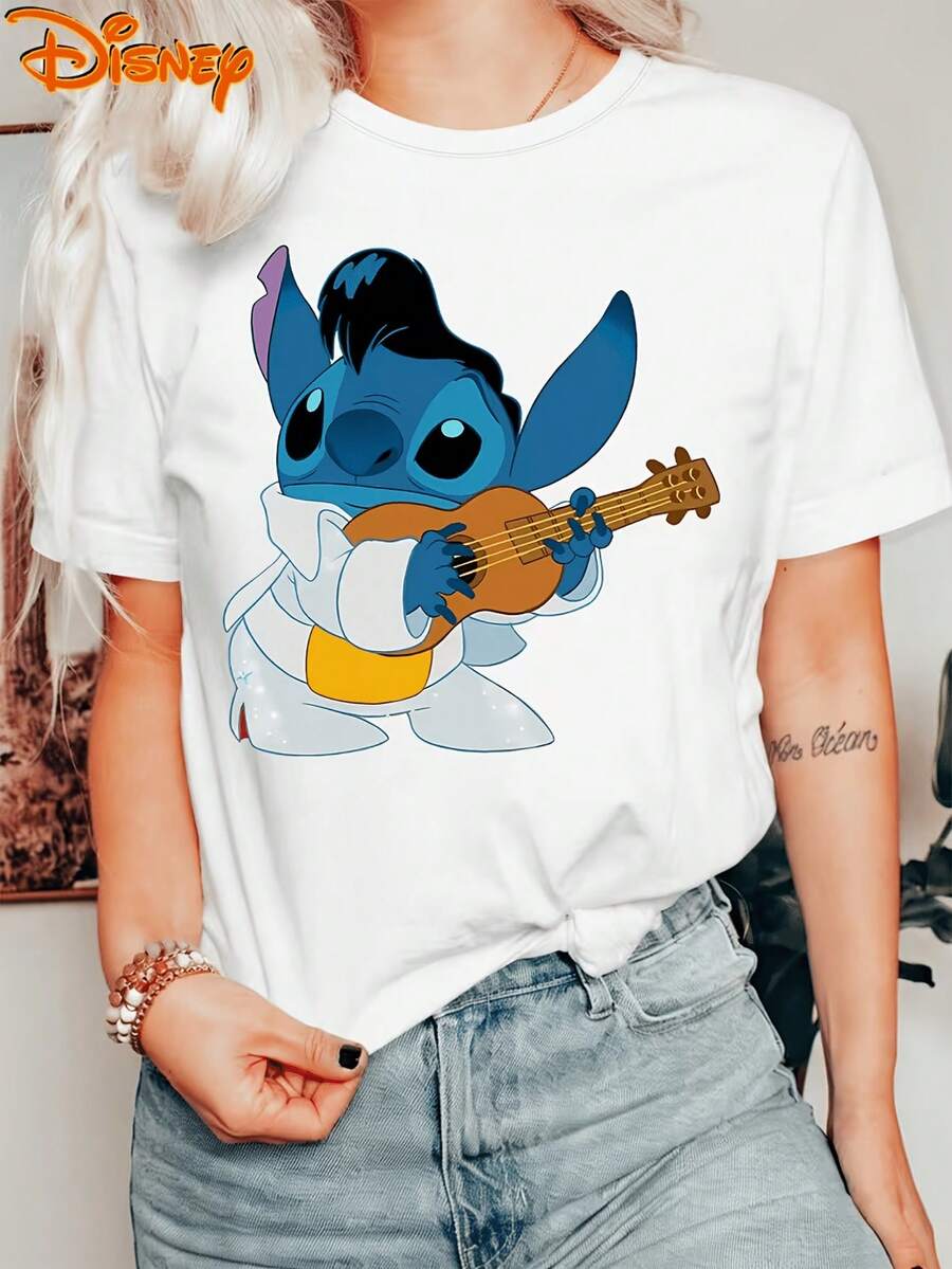 Disney Lilo & Stitch Elvis1 Stitch Playing Ukulele 100% Cotton Crew Neck Short Sleeve Casual Daily Wear Cartoon Graphic Tee For Women Fans Gift - 白色 - 查看 1