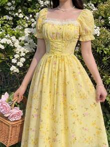 Elegant Long-Sleeved Dress With A Lace Collar And Fitted Hem, Featuring A Charming And Romantic Floral And Lace Design, Ideal For Holidays, Women's Dress - 彩色 - 查看 4