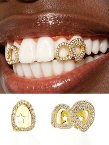 2pcs Hollow Heart Double Hollow Combination Braces For Halloween, Versatile And Popular Teeth Accessories - Gold - View 1
