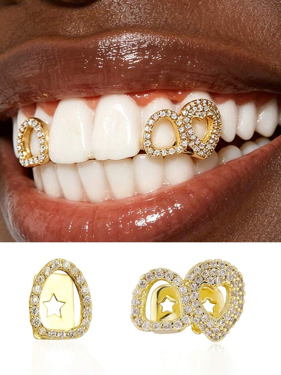 2pcs Hollow Heart Double Hollow Combination Braces For Halloween, Versatile And Popular Teeth Accessories - Gold - View 1