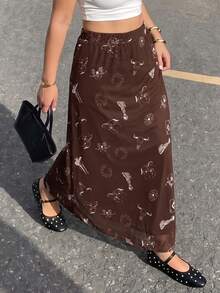 Plus Size Women's Casual Brown Vacation Wavy Ruffle Elastic Mesh Printed A-Line Skirt, Spring/Summer - Brown - View 3