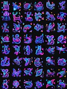50 Peças Adesivos de Animais Neon, Contorno Neon Chamativo de Selva e Animais Fofos, Adesivos à Prova d'Água, Adequados para Skate, Bagagem, Console de Jogos e Decoração de Quarto - Roxo - Visão 7