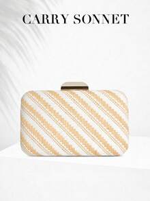 CARRY SONNET - Women Straw Pattern Box Clutch Purse, Woven Evening Handbag For Wedding Party Vacation Dinner - Champagne - View 5