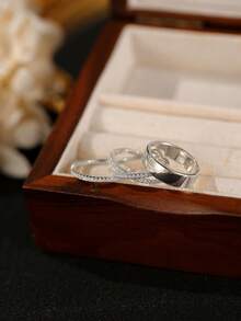 Gift Box 3pcs Silver Ring Set, Wide Polished Band, Zirconia Eternity Ring And Twisted Full Rhinestone Ring, Unisex Stackable Couple Rings - Silver - View 3