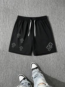 Crossed-Arms Men's Shorts, Casual Shorts With Pocket Drawstring, 100% Polyester Fabric, Summer Fashionable Outdoor Surfing And Sports Casual Shorts - Black - View 1