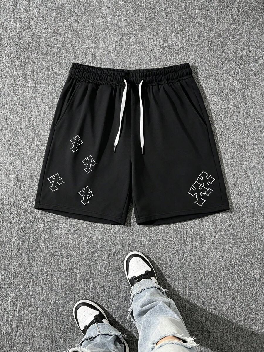Crossed-Arms Men's Shorts, Casual Shorts With Pocket Drawstring, 100% Polyester Fabric, Summer Fashionable Outdoor Surfing And Sports Casual Shorts - Black - View 1