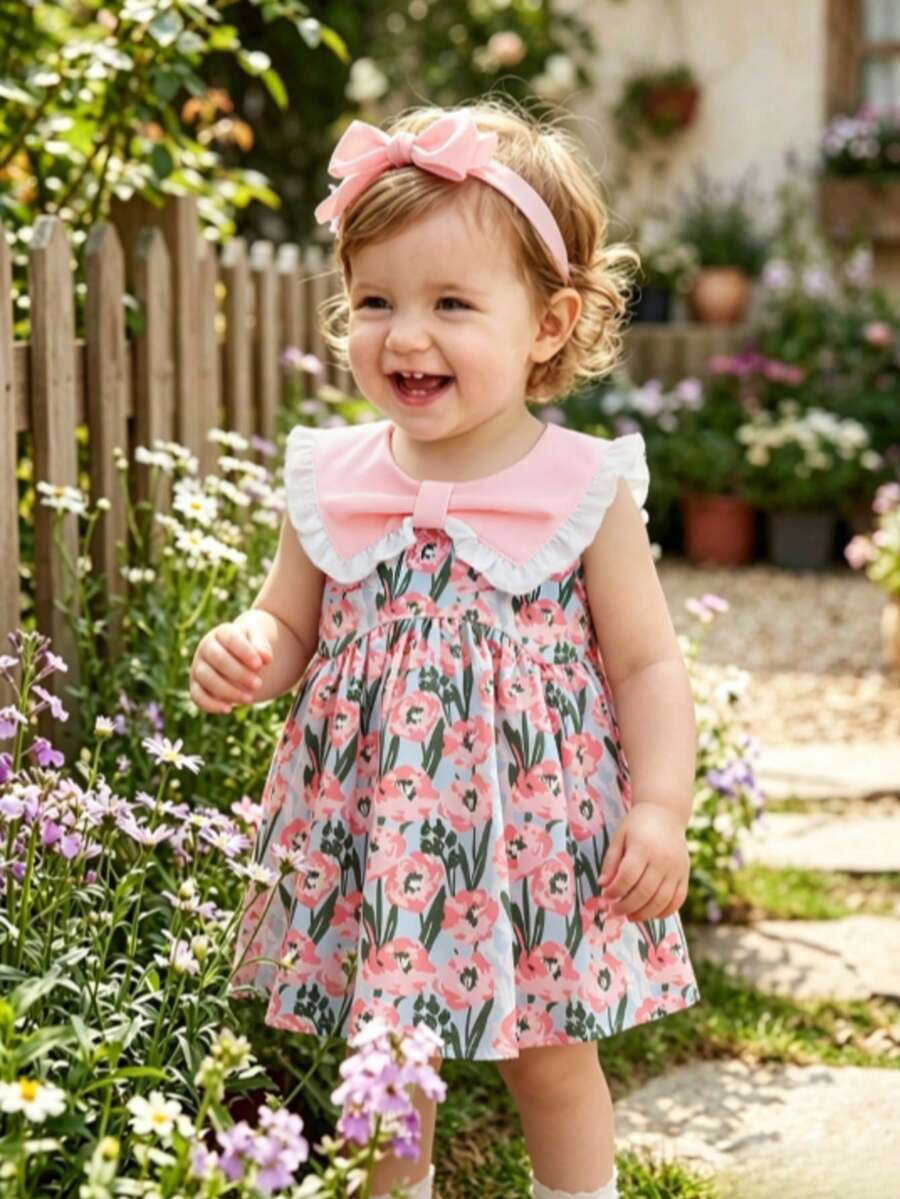 Summer Stylish Baby Girls Beauty Dress Set Cute Little Girl Summer New Full Print Tulip Small Flower Cartoon Pattern Print Sleeveless Peter Pan Collar Dress And Pink Headband Hair Accessory Summer Fashion Street Versatile Outfit - Pink - View 1