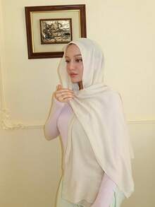 1pc Solid Color Knitted Elastic Muslim Hijab, Soft Skin-Friendly, Moderate Elasticity, Simple Elegant Headscarf, Suitable For Daily Wear - Apricot - View 2