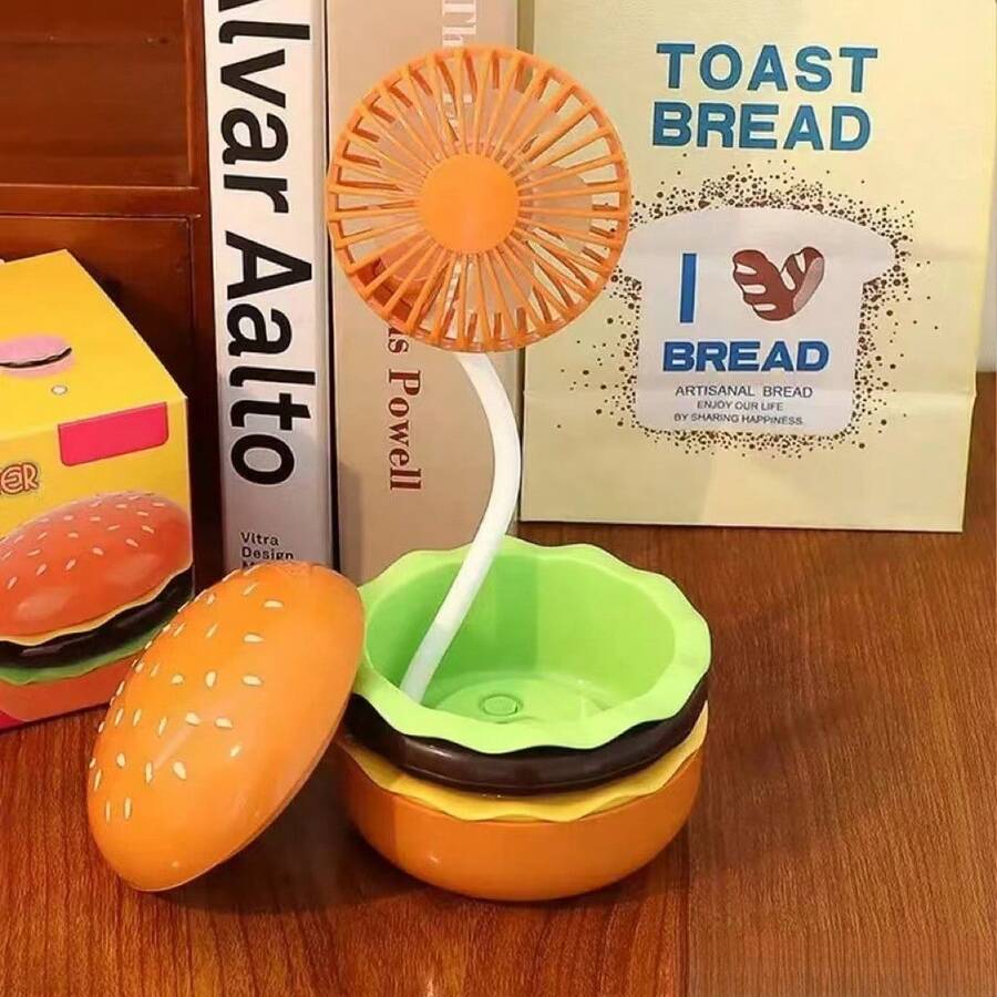 Mirror Fan, Hamburger Desktop Fan With USB Rechargeable Design, Cute Mini Desk Fan With Storage Compartment, Fun French Fries Style Table Fan For Students & Office - Yellow - View 1