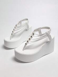 Women's Beaded Toe-Post Wedge Sandals With Elastic Strap, Versatile Summer Casual Party Commute Sandals - White - View 3